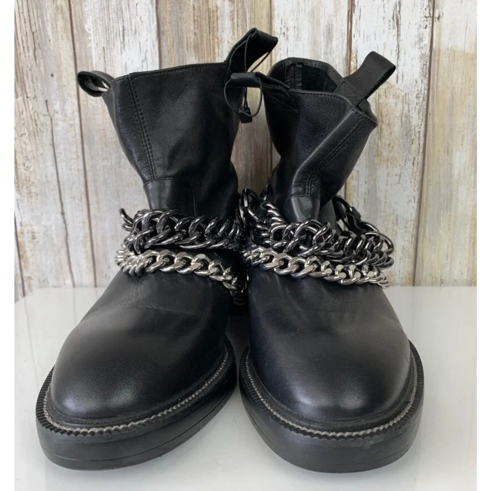 ZARA Womens Black Leather Ankle Combat Boots With Chains Size 36 6 NWT